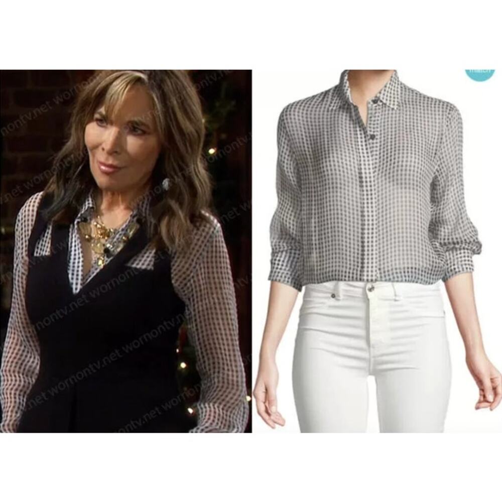 THEORY Top Size S Gingham Essential Silk Button Down Sheer Blouse Black White